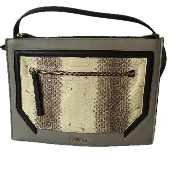 Furla Snakeskin Leather Crossbody Shoulder Bag Gray Cream Charcoal Zipper EUC - Picture 13 of 14